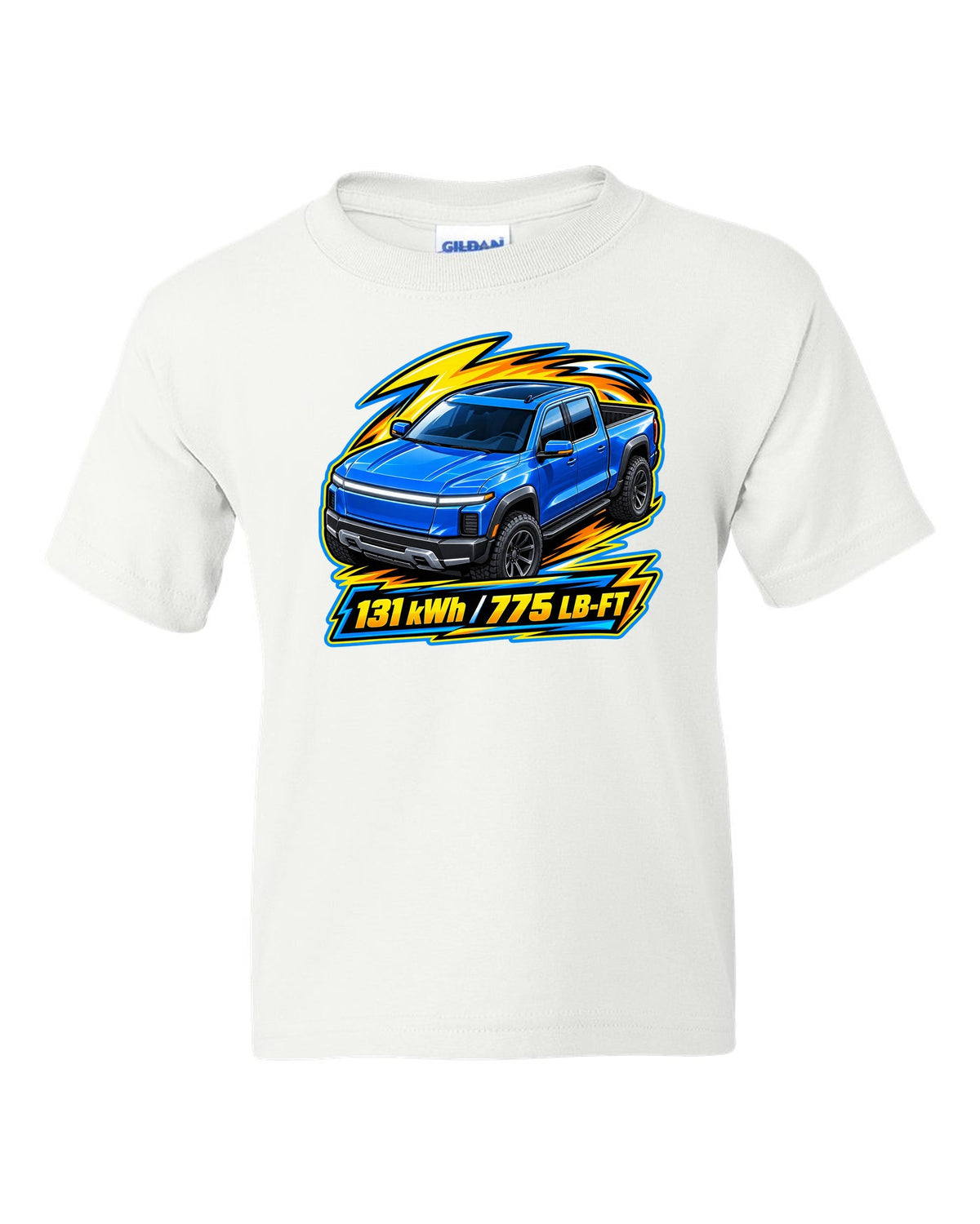 Ford F-150 Lightning EV on a die-cast toy card style print white kids tee front view with the design