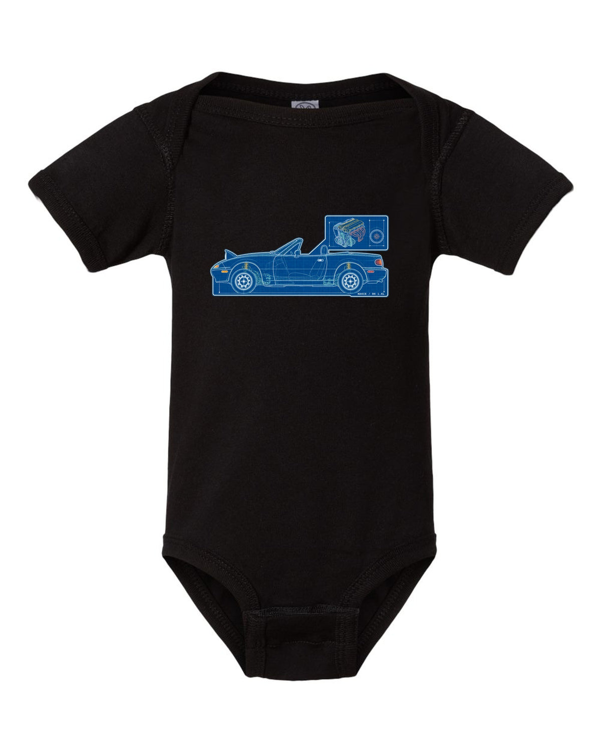 Sticker-bomb collage of a Mazda MX-5 NC rear with MZR 2.0 167 HP text black baby onesie front view with the design