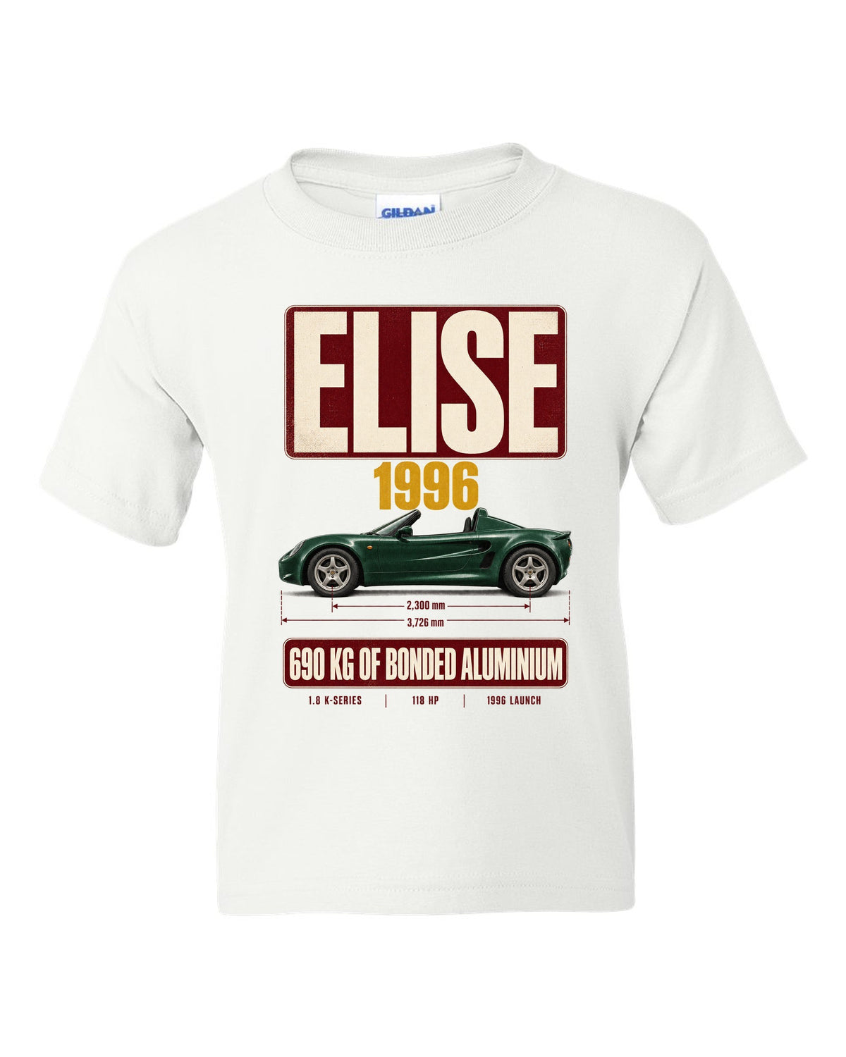 Lotus Elise Series 1 open roadster archive panel print with 1996 and 690 kg bonded aluminium text white kids tee front view with the design