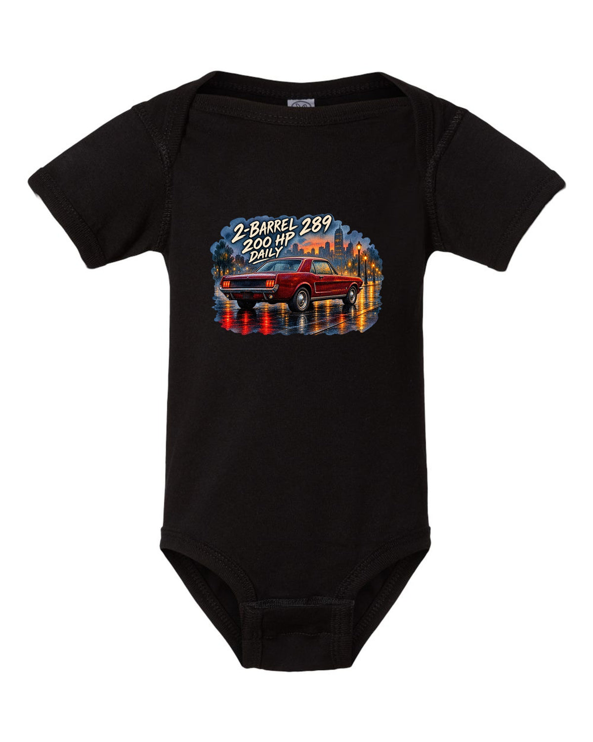 Watercolour wet-road night print of a 1965 Ford Mustang coupe with 2-barrel 289 text black baby onesie front view with the design