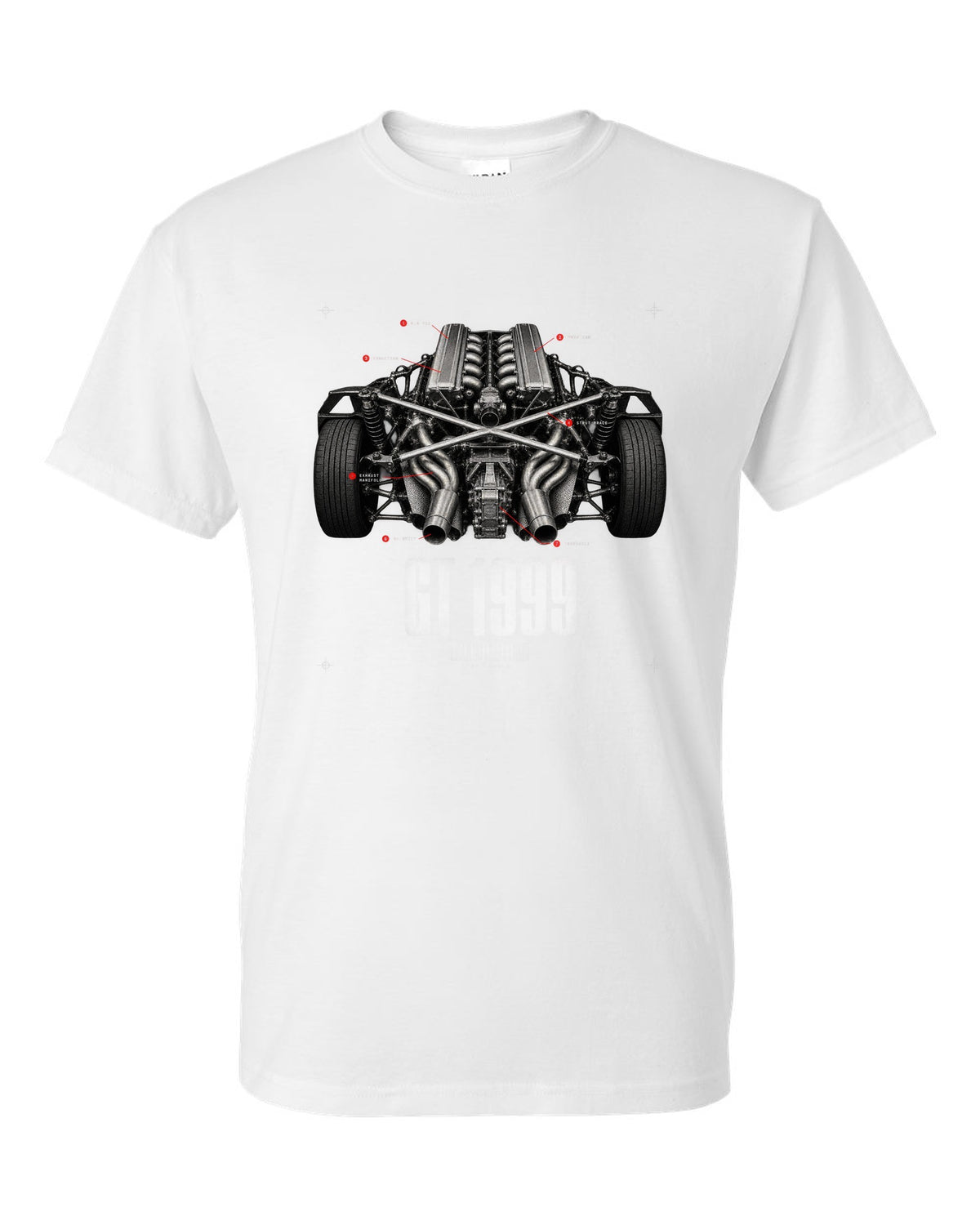 Engine hero print of a Lamborghini Diablo GT 6.0 V12 with 80 built text white t-shirt front view with the design