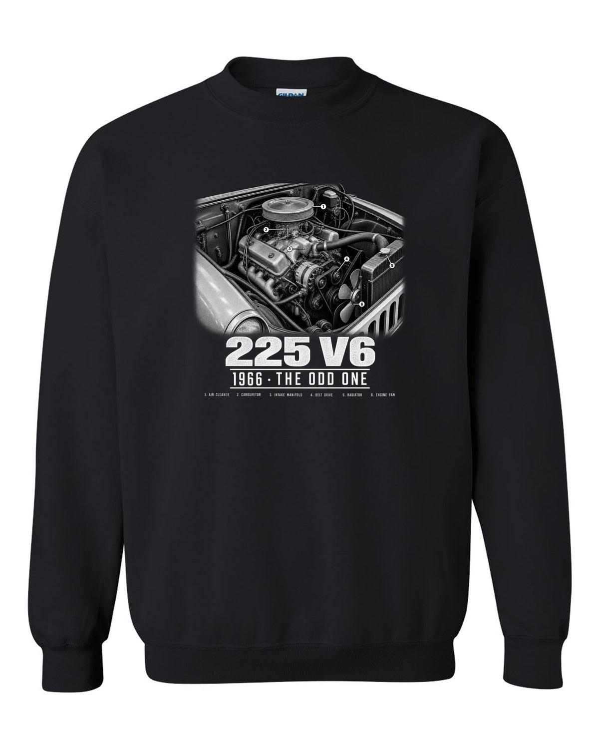 Engine hero print for the Jeep CJ-5 225 V6, 1966 black crewneck front view with the design