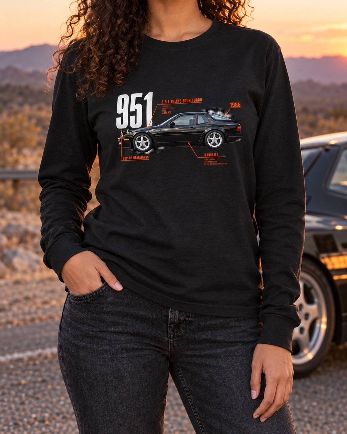 Porsche 944 Turbo 951 Spec Poster Shirt, Pop-Up Lights Long Sleeve Black worn hero