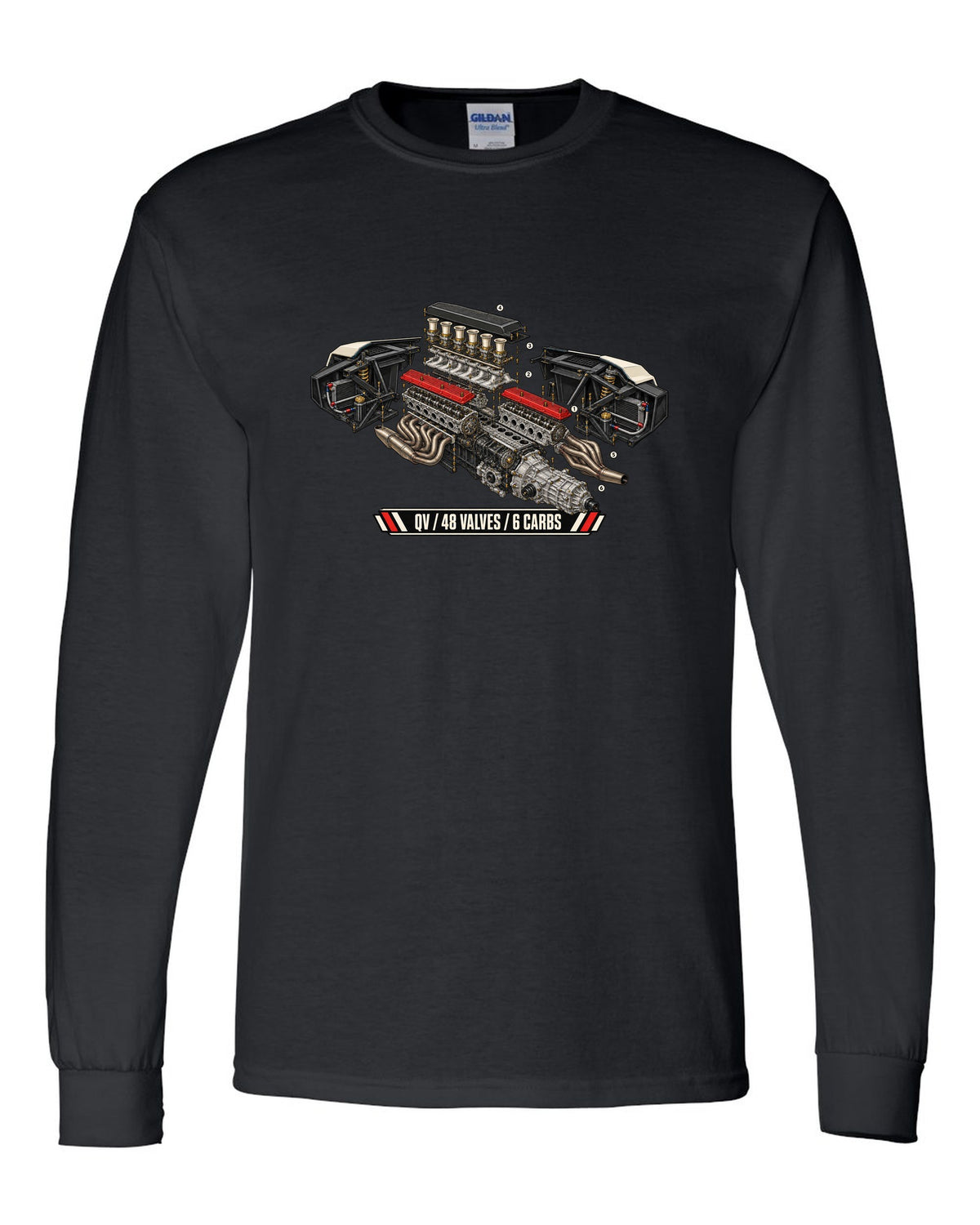 Exploded engine cutaway of a 1985 Lamborghini Countach LP5000 QV with 48 valves and 6 carbs lettering black long sleeve front view with the design