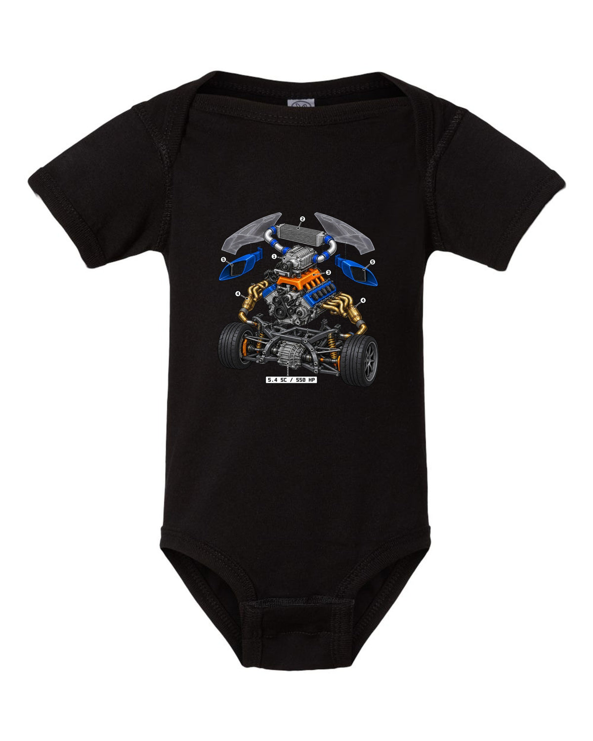 Ford GT 2005-2006 supercharged V8 in an isometric exploded view print black baby onesie front view with the design