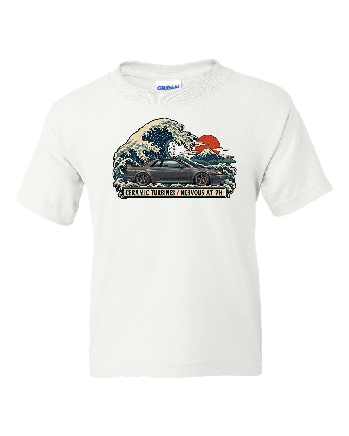 Ukiyo-e woodblock print of a gun grey Nissan Skyline GT-R R32 BNR32 on a wave white kids tee front view with the design