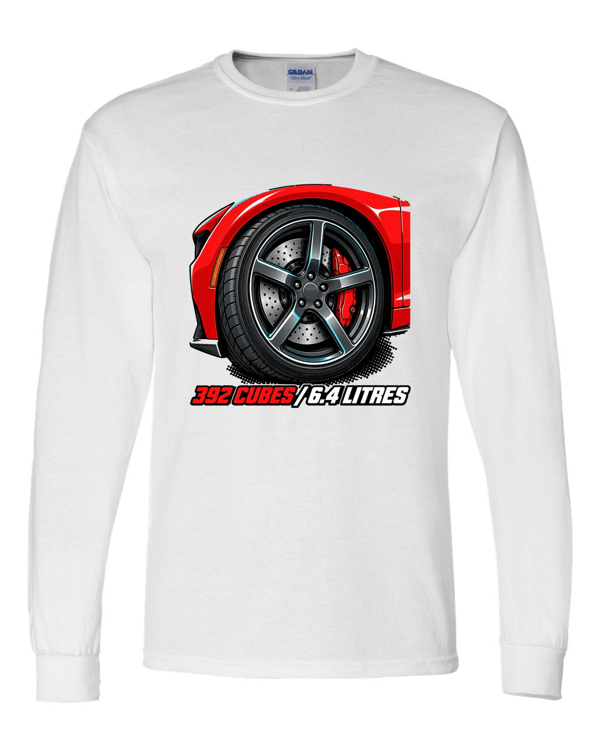 Bold monoline print with halftone shadow of a 2018 Dodge Challenger SRT 392 white long sleeve front view with the design