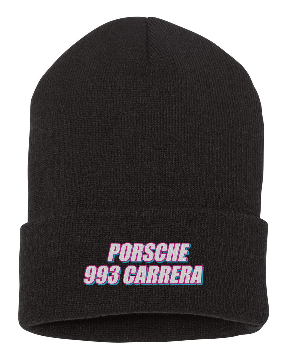 Porsche 993 Carrera black beanie front view with car name