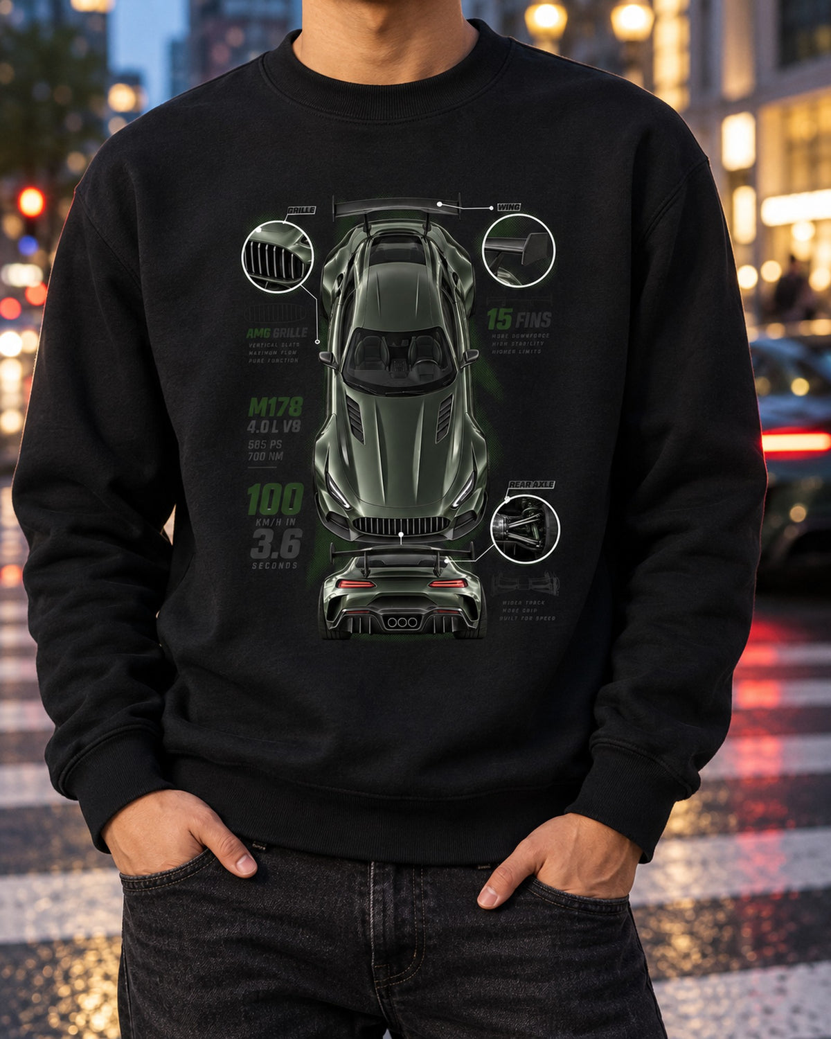 Mercedes-AMG GT R C190 Spec Poster Shirt, Fifteen Fins Crewneck Black worn hero