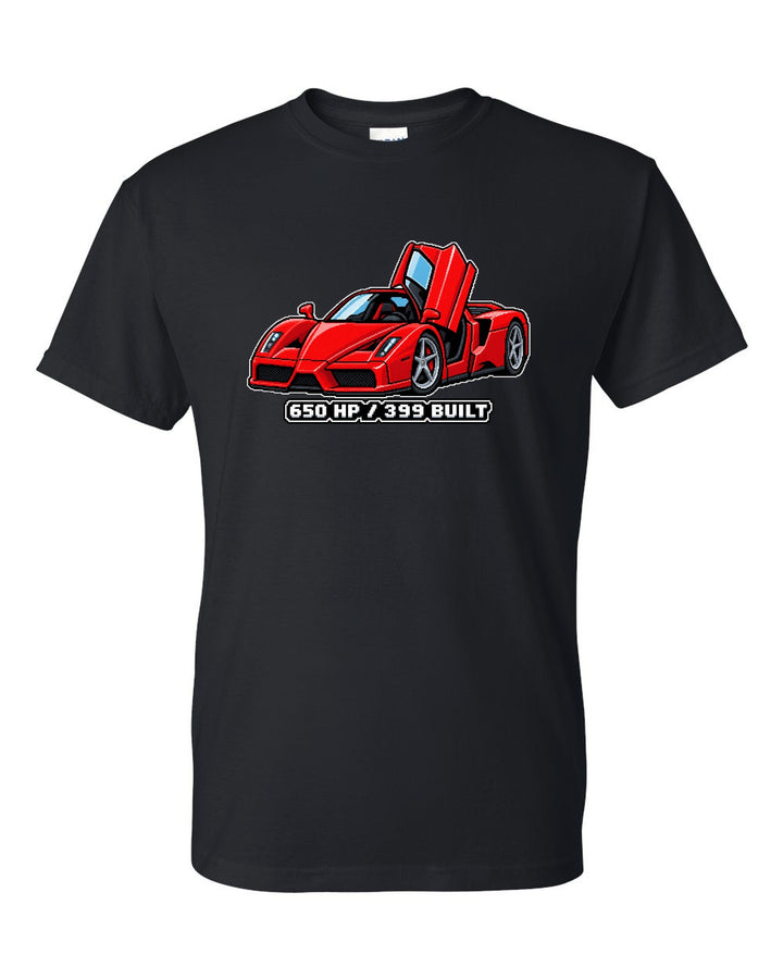 8/16-bit pixel art print of a 2002 Ferrari Enzo F140 nose cone with 650 HP and 399 built text black t-shirt front view with the design