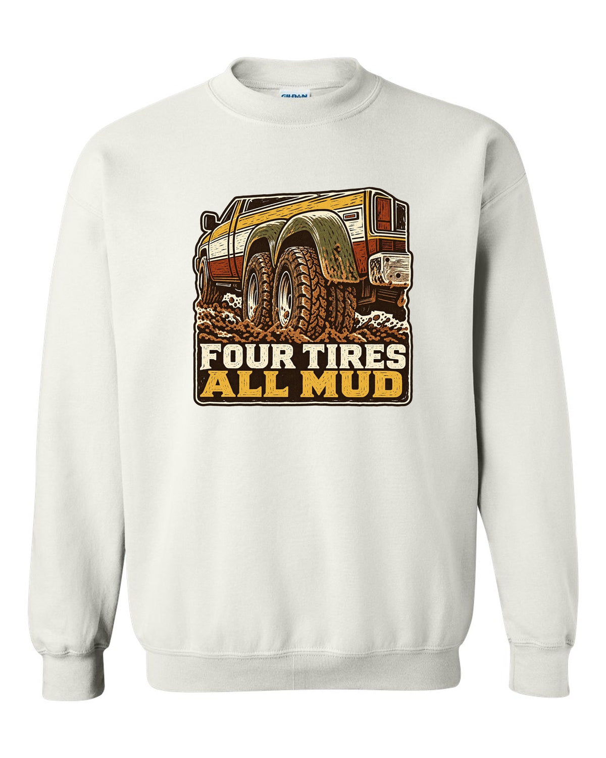 Linocut print of a 1994-1998 Dodge Ram 2nd gen dually in mud with four tires all mud text white crewneck front view with the design