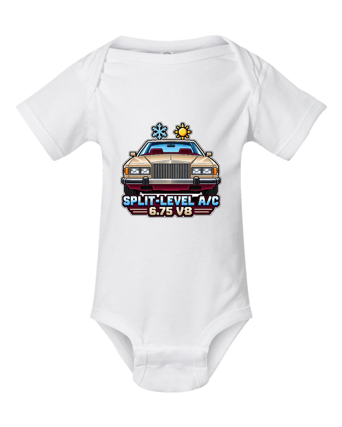 16-bit pixel art print of a 1975 Rolls-Royce Camargue with split-level A/C and 6.75 V8 lettering white baby onesie front view with the design