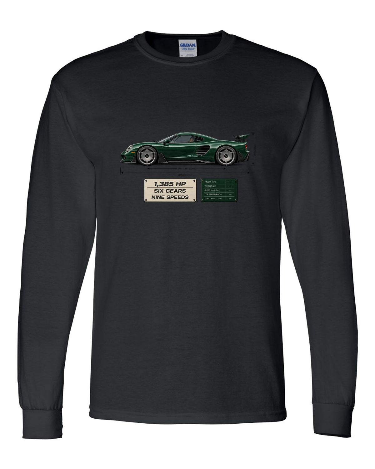 Blueprint print of the Koenigsegg CC850 with the text 1,385 hp, six gears, nine speeds black long sleeve front view with the design