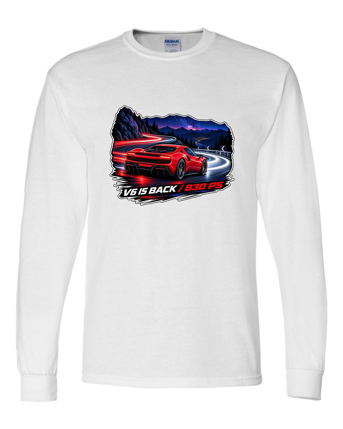 Long-exposure light trail print of the Ferrari 296 GTB with V6 is back text white long sleeve front view with the design