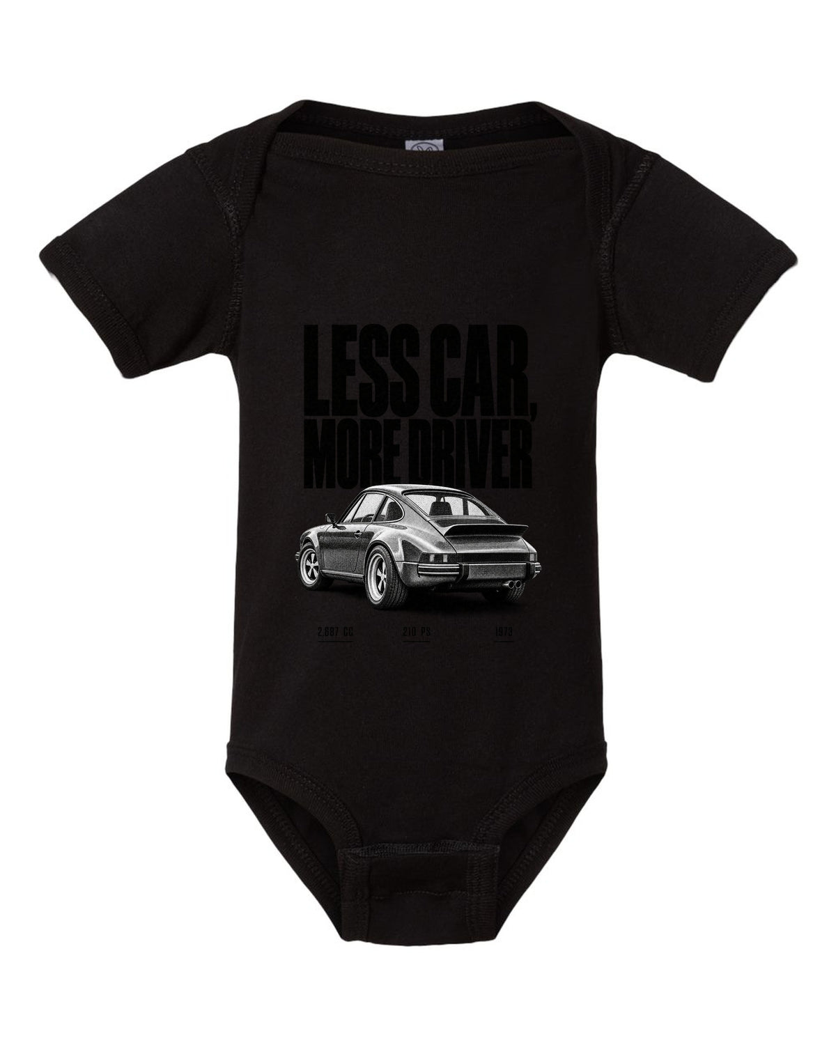 Halftone print of the 1973 Porsche 911 Carrera RS 2.7 with the line Less Car More Driver black baby onesie front view with the design