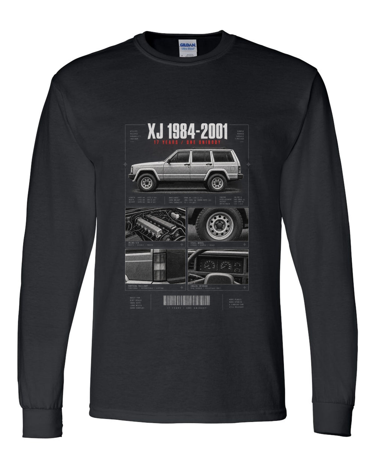Jeep Cherokee XJ dossier panel print marking 1984 to 2001 black long sleeve front view with the design