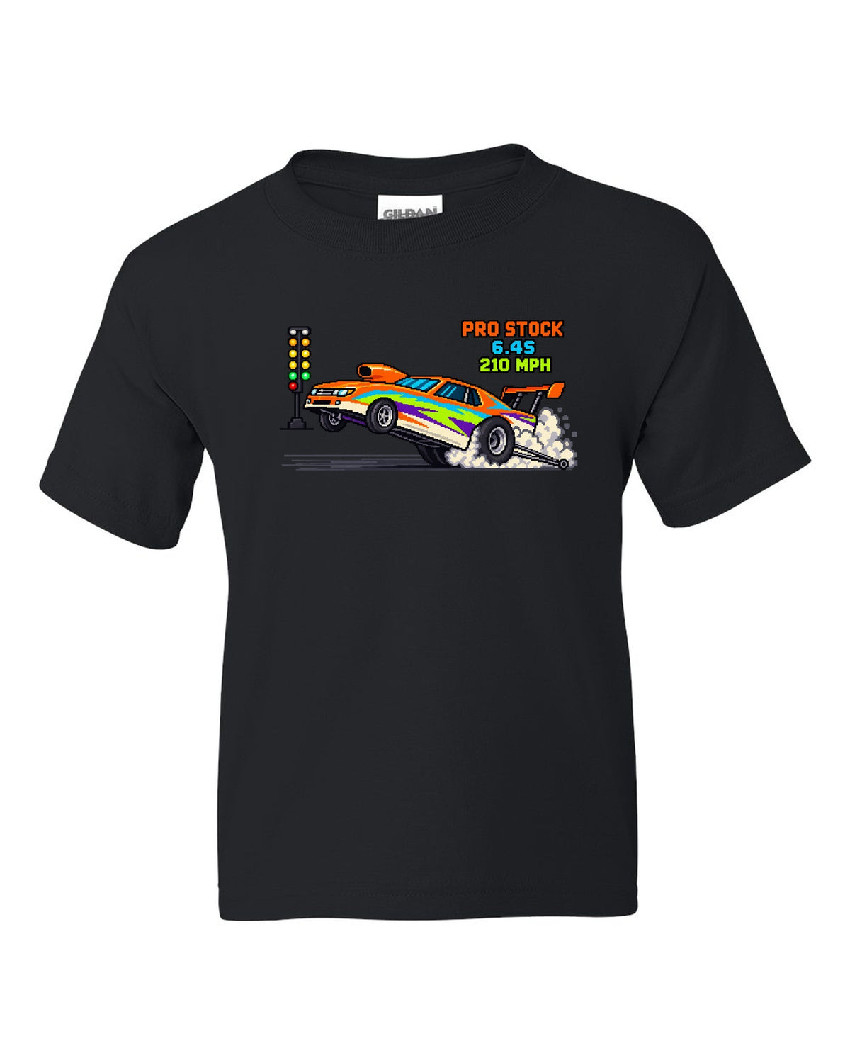 8-bit pixel art Pro Stock drag car launching with 6.4S 210 MPH lettering black kids tee front view with the design