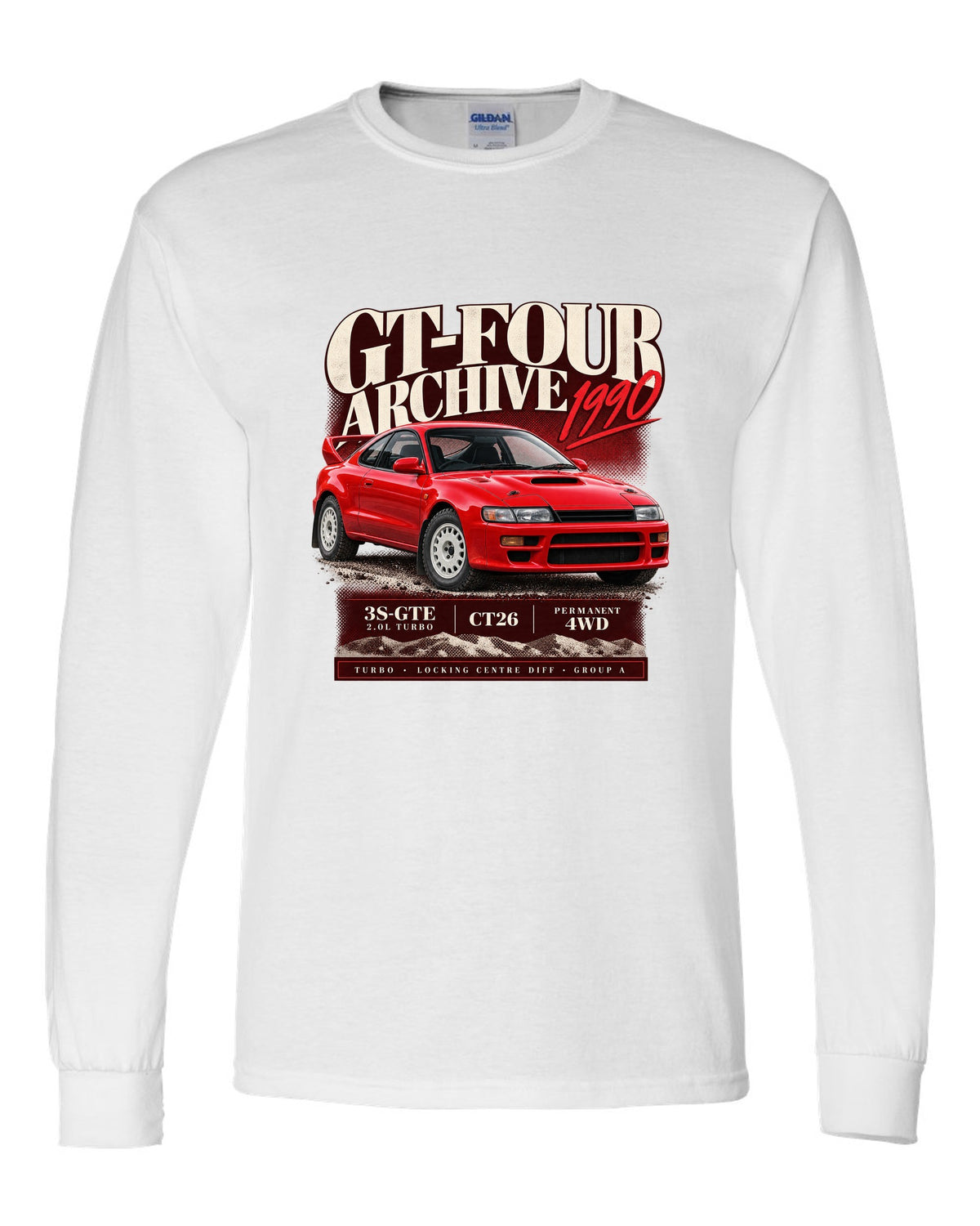 Archive panel print of a Toyota Celica GT-Four ST185 with 3S-GTE, CT26 and Group A text white long sleeve front view with the design