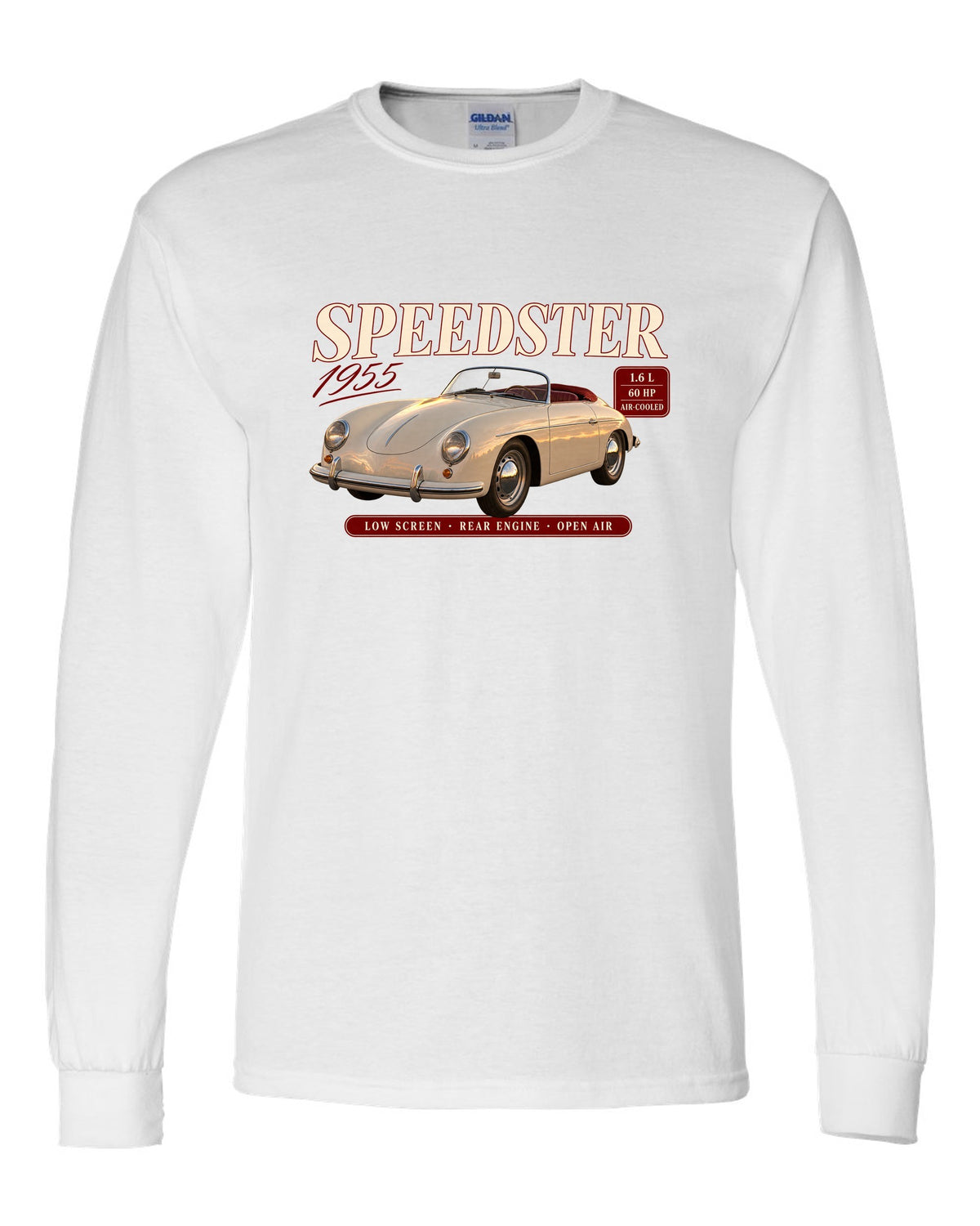 Archive spec panel print for the 1955 Porsche 356 Speedster with low screen and air-cooled specs white long sleeve front view with the design
