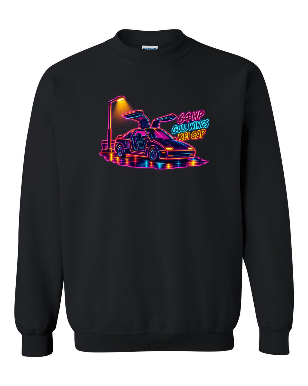 Neon synthwave line art print of an Autozam AZ-1 PG6SA with 64 HP gull wings kei cap lettering black crewneck front view with the design