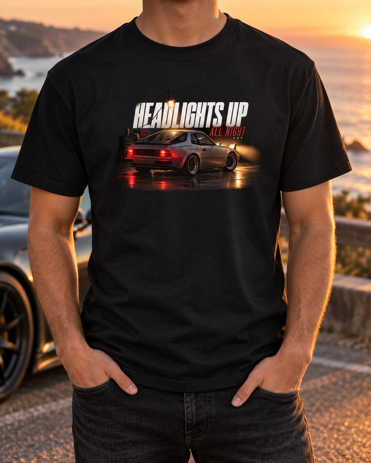 Porsche 944 Pop-Up Headlights Garage Night Shirt, Early 944 T-Shirt Black worn hero