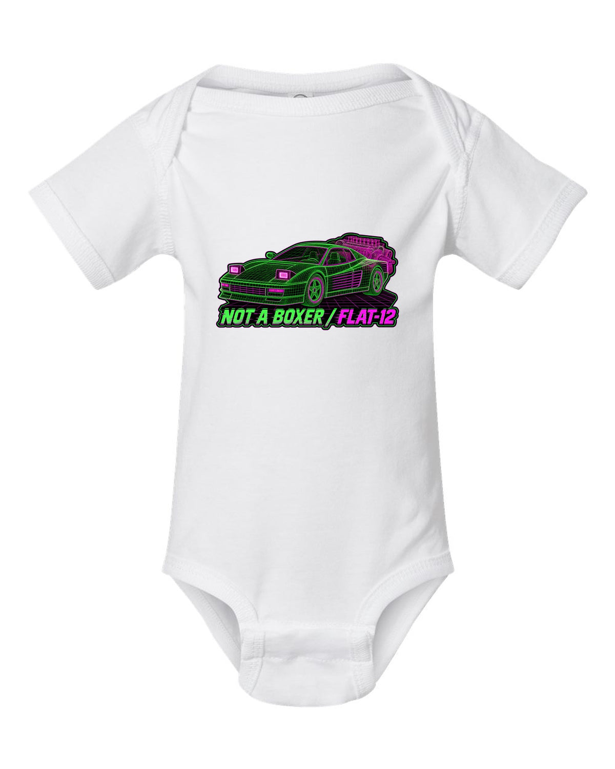 Wireframe mesh print of the Ferrari Testarossa F110 with the text not a boxer, flat-12 white baby onesie front view with the design