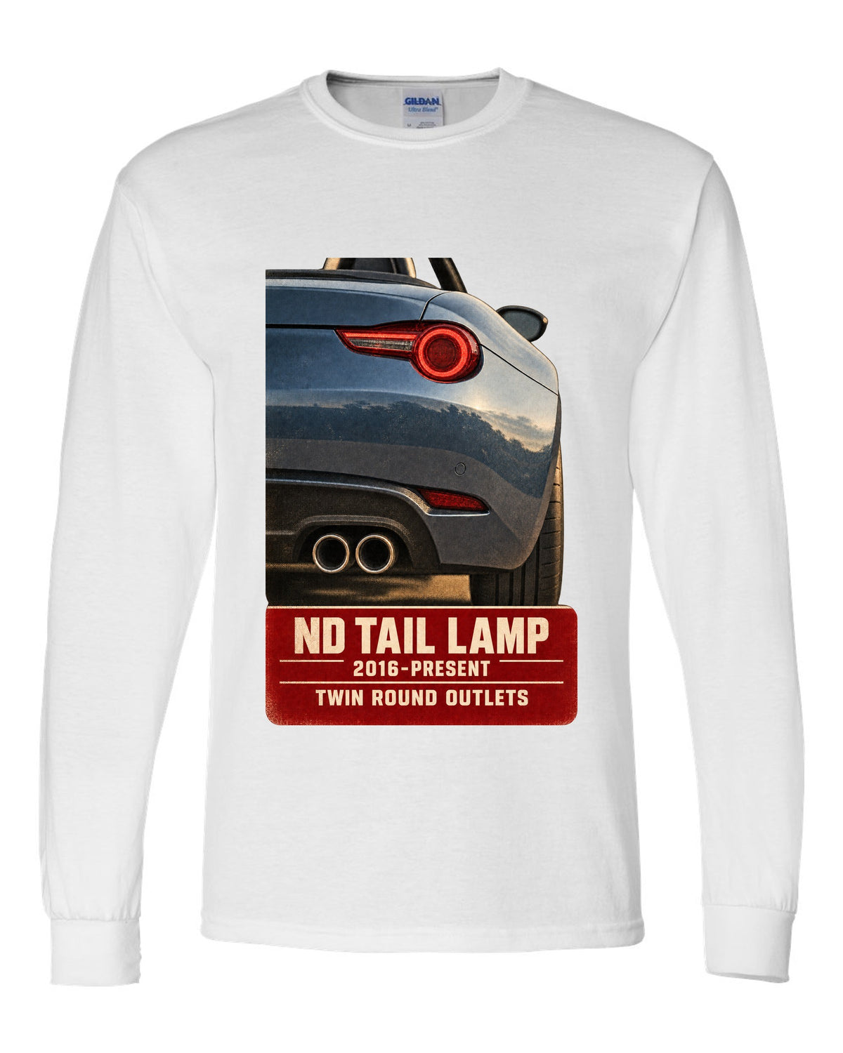 Macro poster-style print of the tail lamp and twin round exhaust outlets on a Mazda MX-5 ND white long sleeve front view with the design