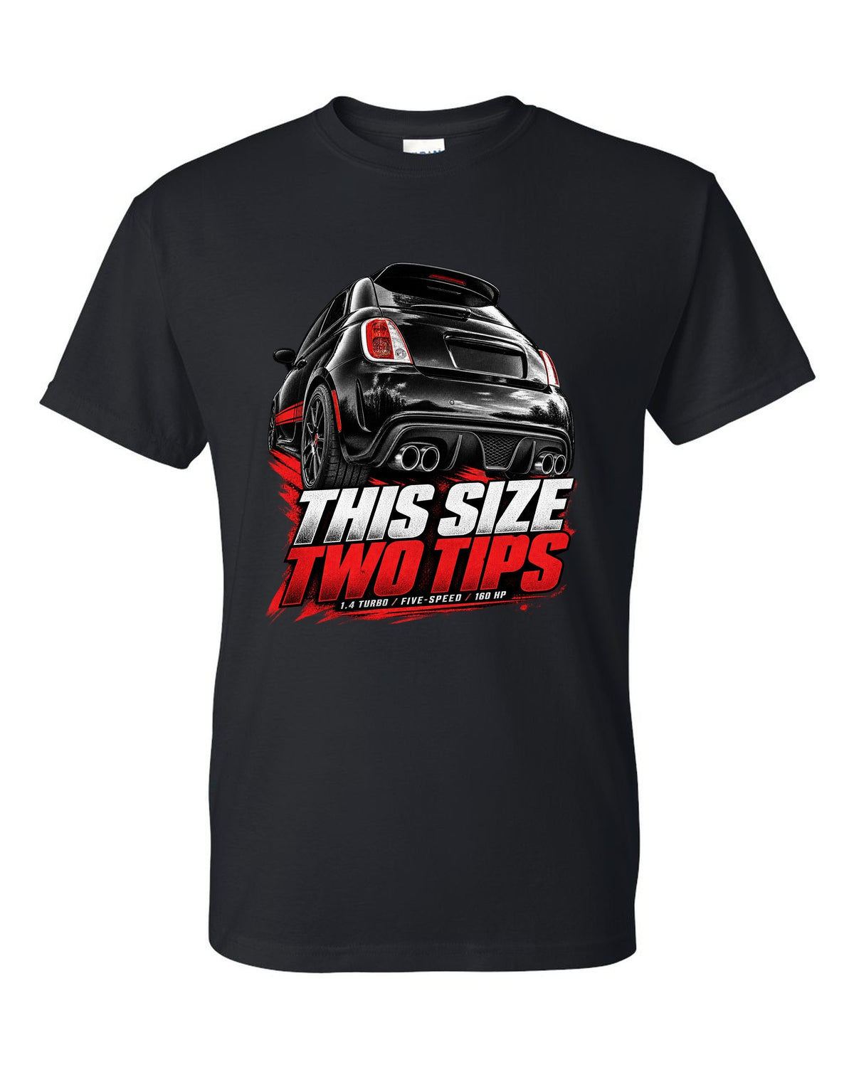 Low rear crop of a US Fiat 500 Abarth exhaust and diffuser on a print black t-shirt front view with the design