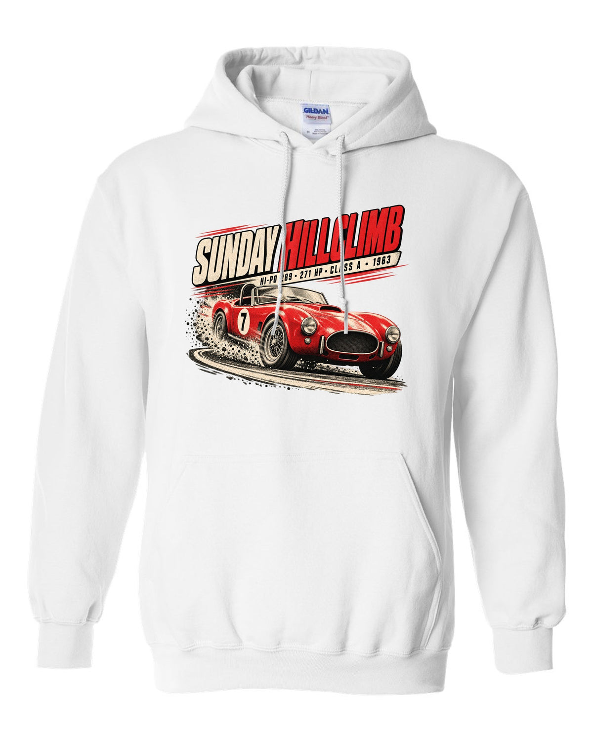 Race poster print of a 1963 289 roadster at a Sunday hillclimb white pull over hoodie front view with the design