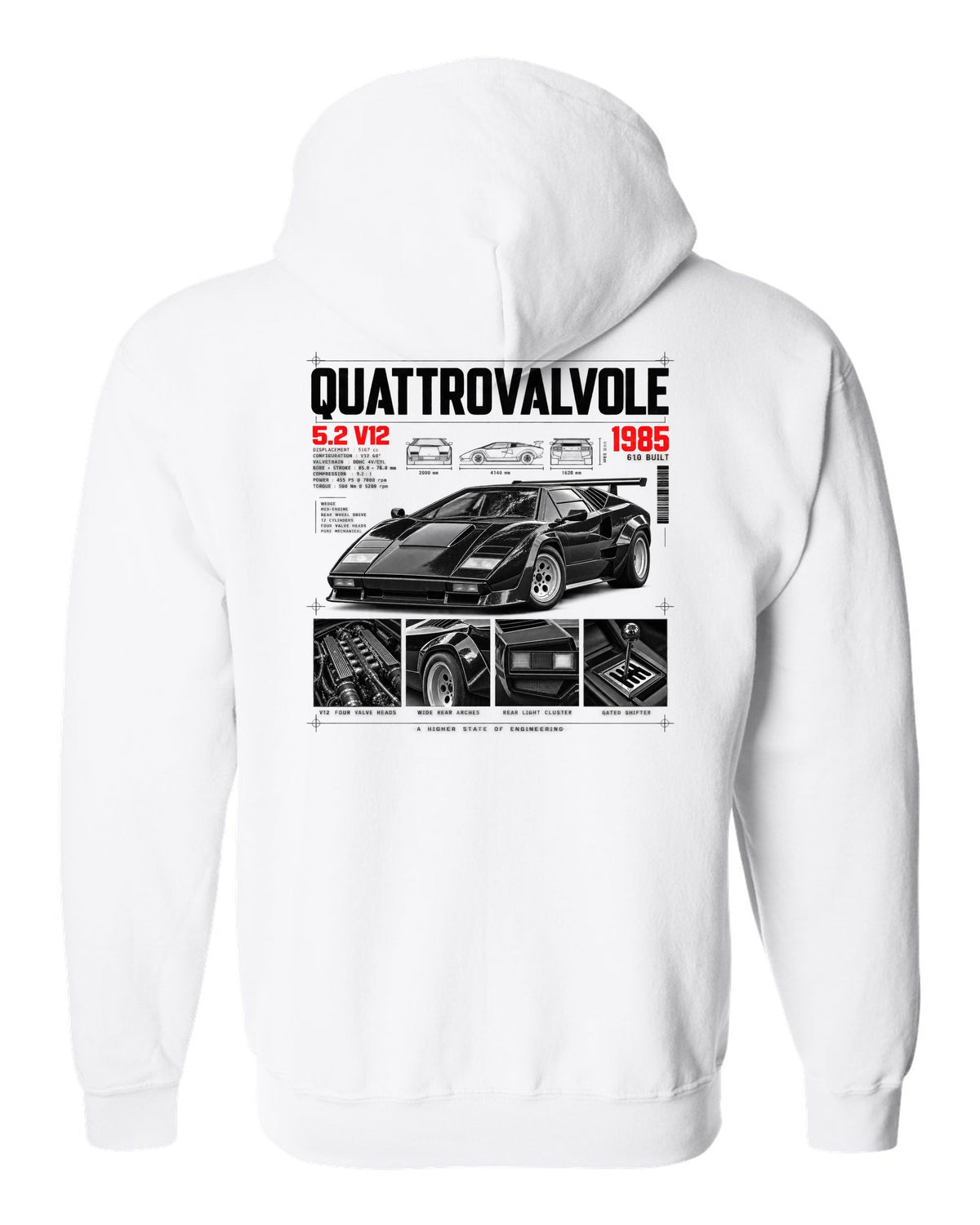 Dossier panel print of a Lamborghini Countach LP5000 QV with 5.2 V12 and 610 built text white zip hoodie back view with the design