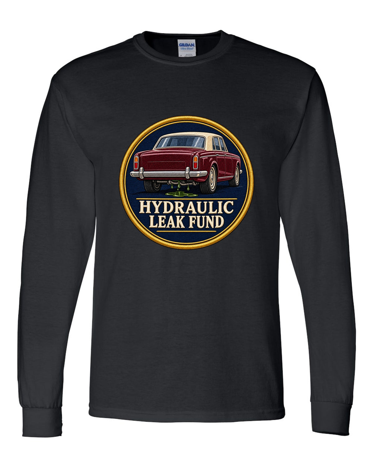 Art Deco line drawing print of a 1952 Bentley R-Type Continental with leak fund lettering black long sleeve front view with the design
