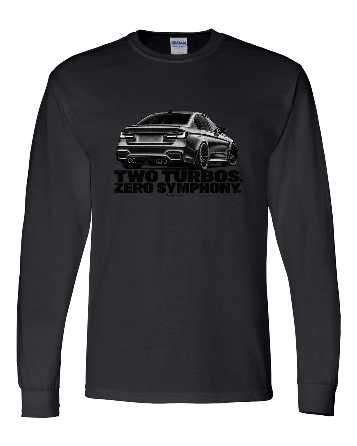 BMW F80 M3 sedan halftone print with two turbos zero symphony text black long sleeve front view with the design