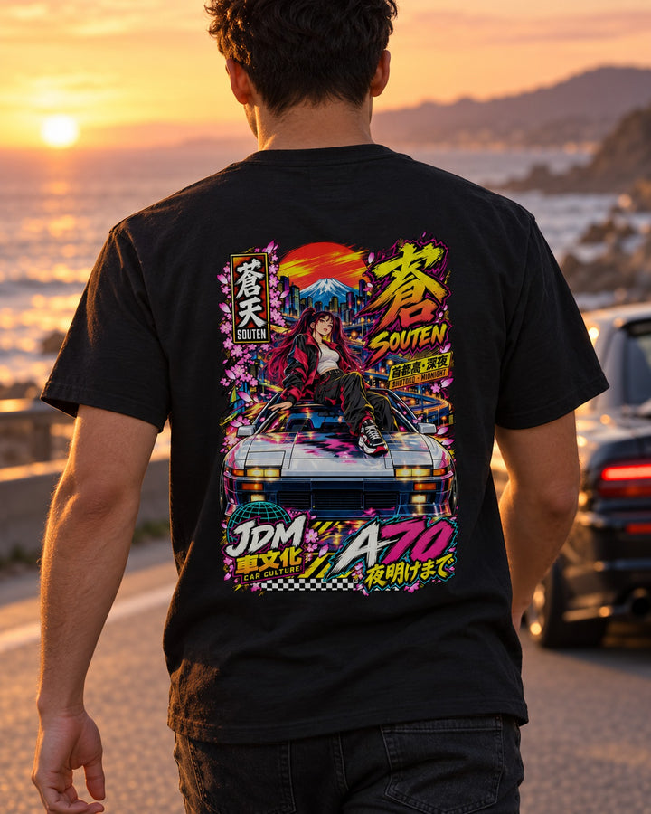 SOUTEN A70 Anime Girl Full-Back Graphic Tee T-Shirt Black worn hero