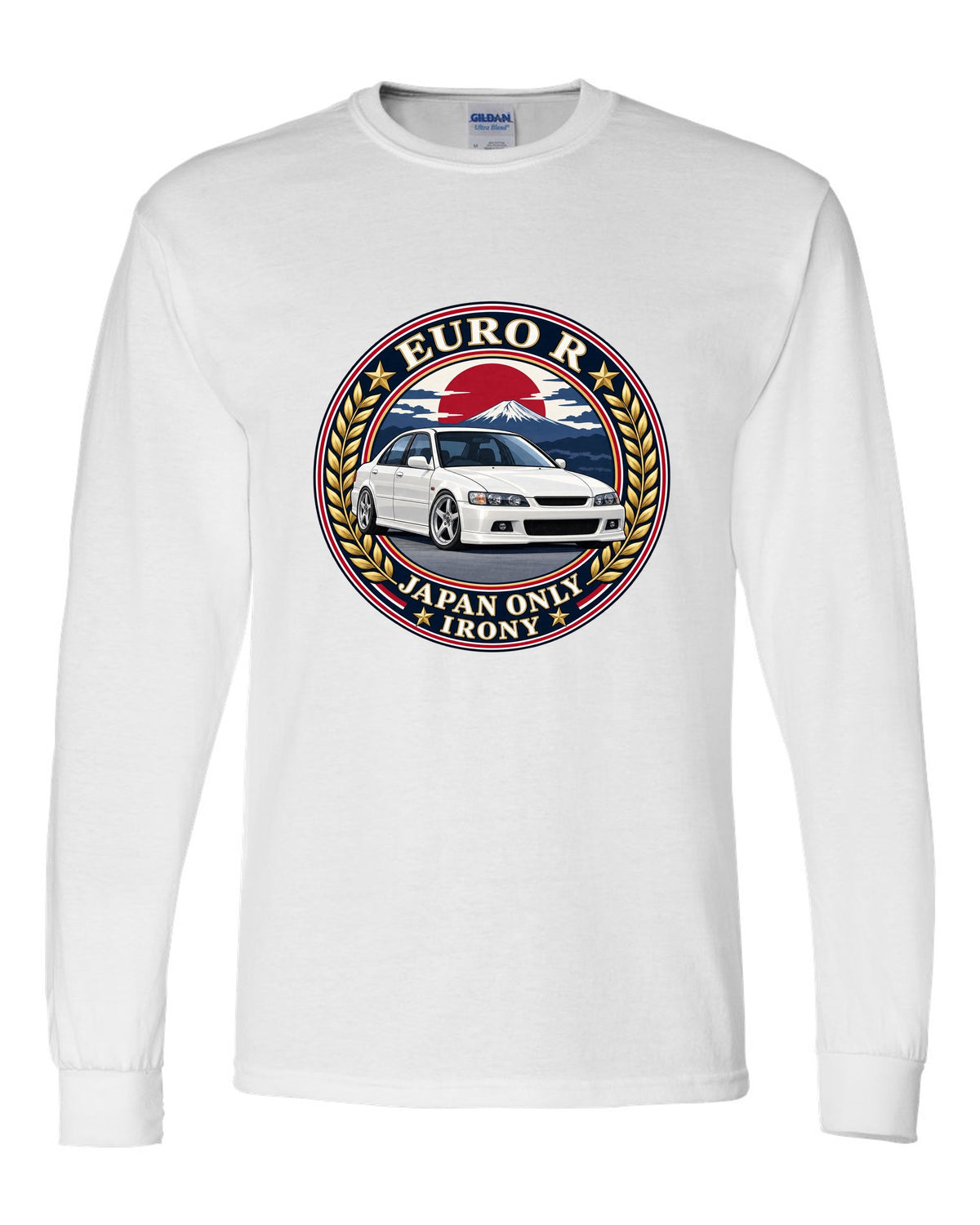 Crest layout print for the Honda Accord Euro R CL1 with Japan Only text white long sleeve front view with the design