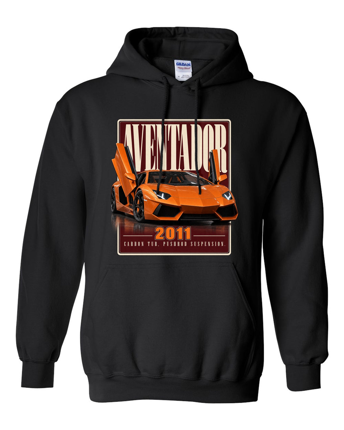Editorial headline print of the Lamborghini Aventador LP700-4 black pull over hoodie front view with the design