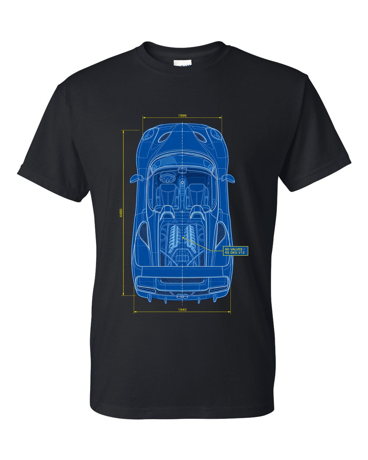 Top-down plan blueprint print of a 1995 Ferrari F50 F130 with 60 valves and 65 degree V12 text black t-shirt front view with the design