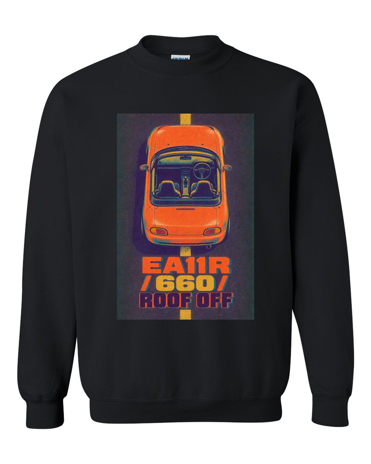 Risograph-style Suzuki Cappuccino EA11R with the text 660 and roof off black crewneck front view with the design