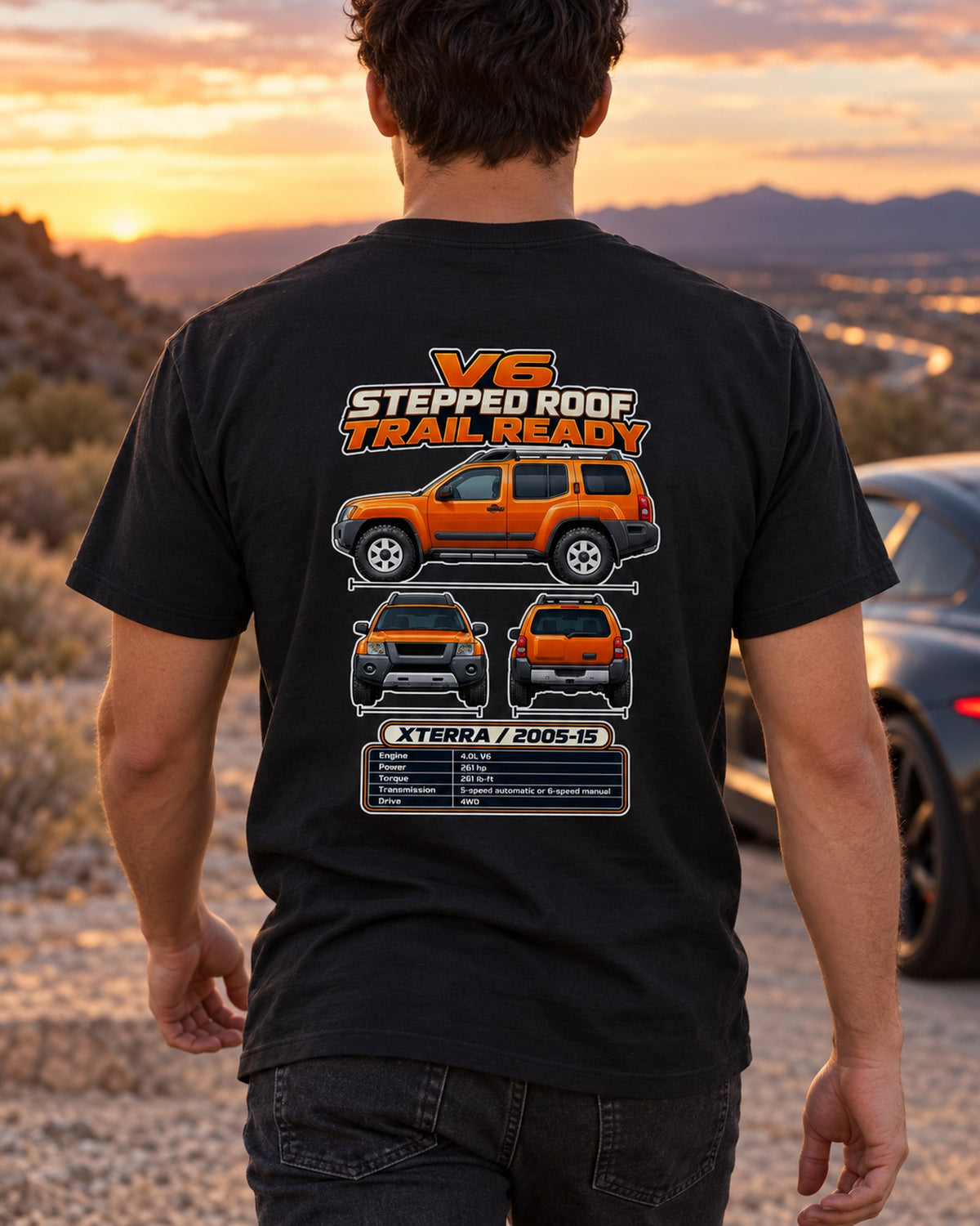 Nissan Xterra Pro4X Spec Sheet Full-Back Graphic Tee T-Shirt Black worn hero
