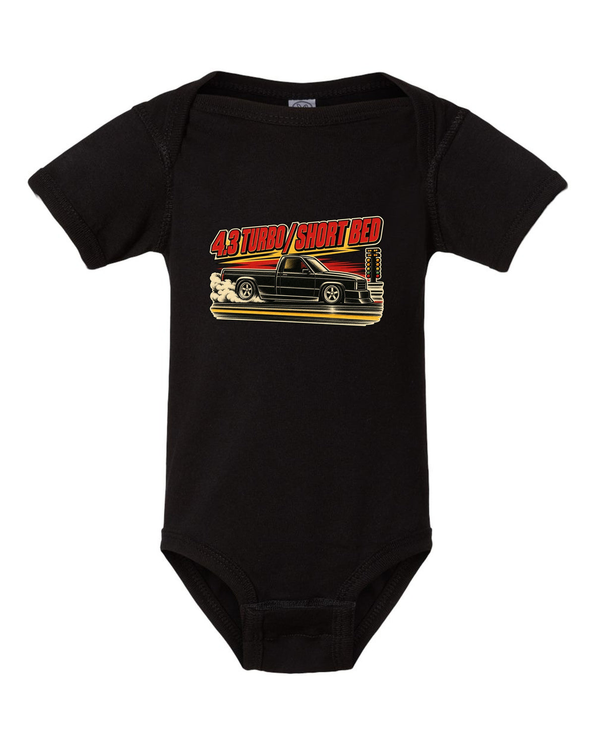 1960s lithograph drag race poster featuring a 1991 GMC Syclone with 4.3 TURBO / SHORT BED text black baby onesie front view with the design