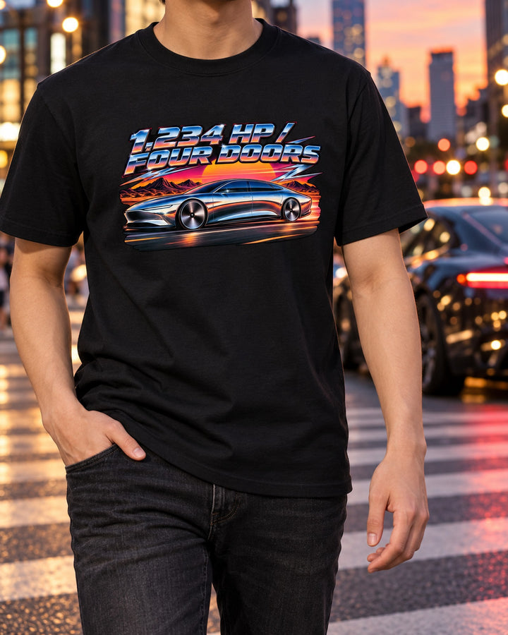 Lucid Air Sapphire 80s Airbrush Chrome Poster Shirt T-Shirt Black worn hero