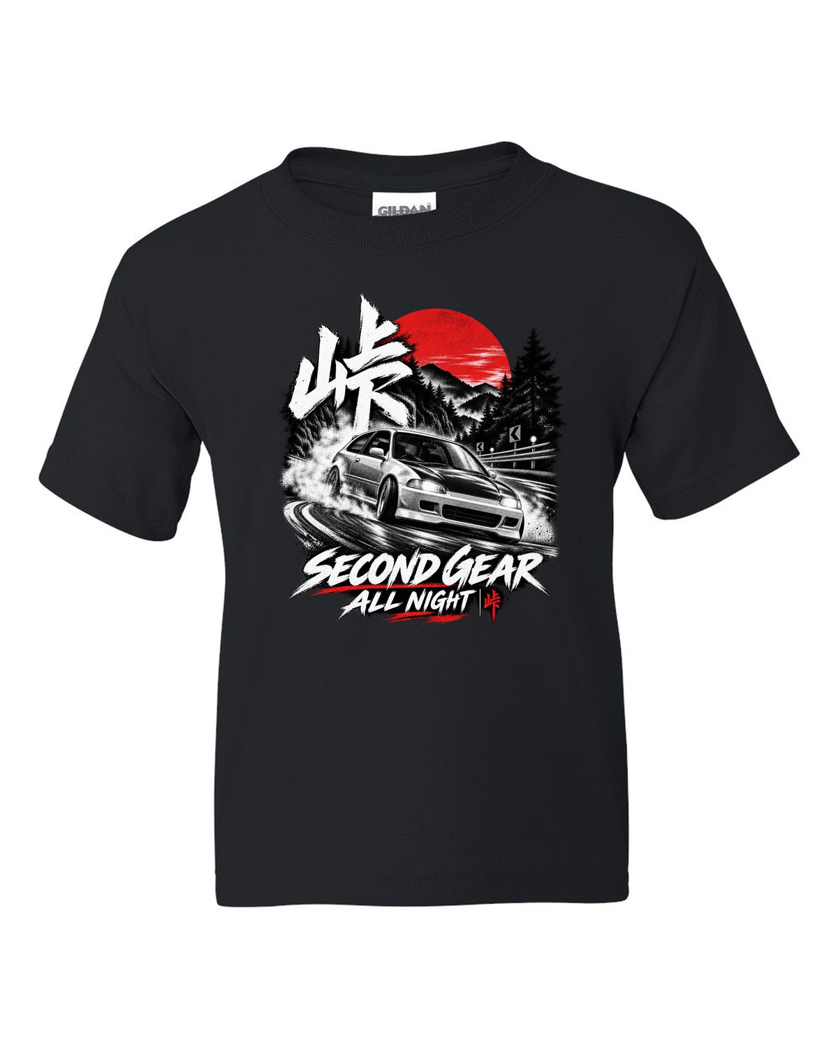 Touge night print of a 1992 Honda Civic EG6 SiR chback with second gear text black kids tee front view with the design