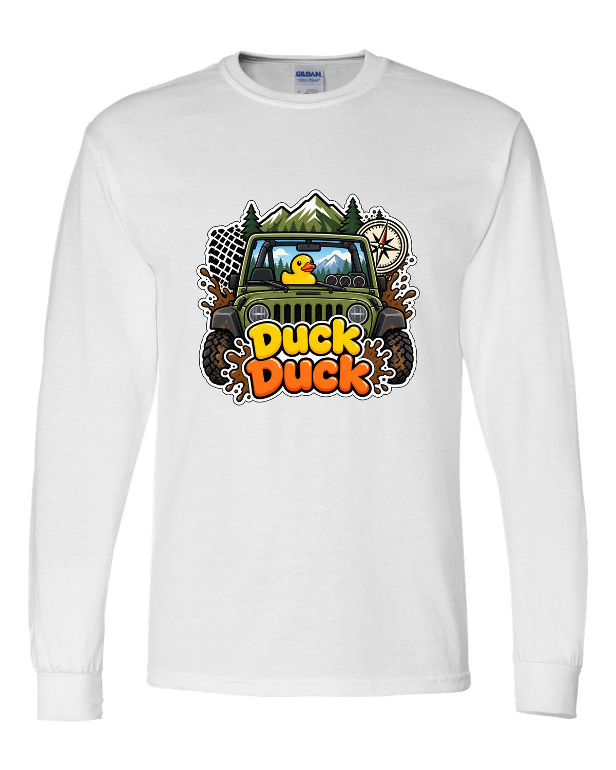 Sticker-bomb collage print of a Jeep Wrangler JK dashboard with ducks white long sleeve front view with the design
