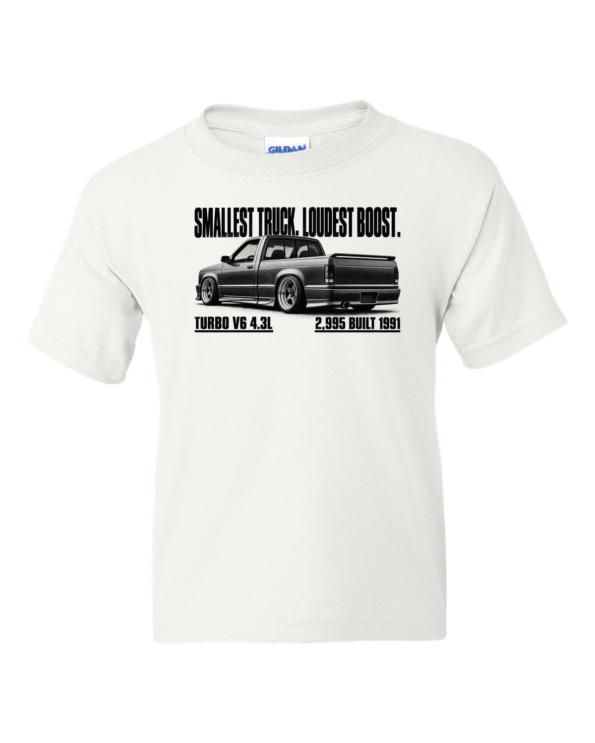 1991 GMC Syclone halftone profile with boost headline, print white kids tee front view with the design