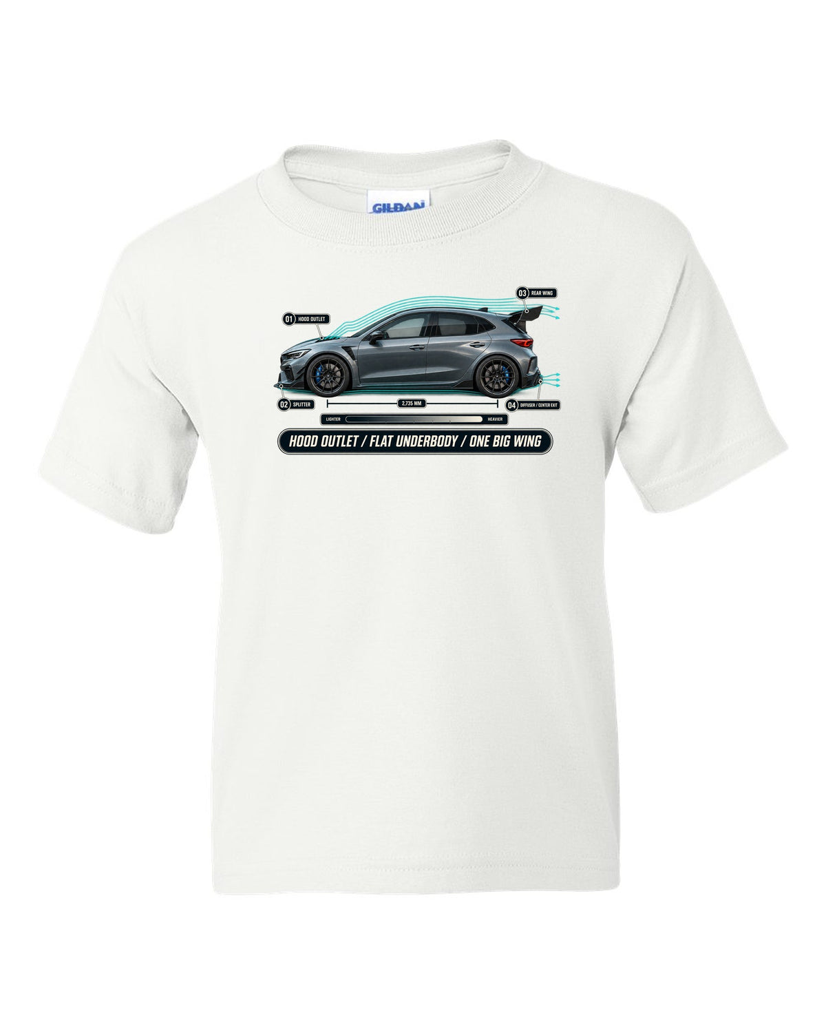 Honda Civic Type R FL5 Airflow Callouts white kids tee front view with the design