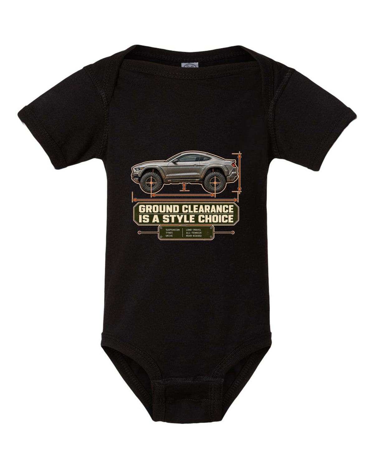 print of a Mustang Raptor concept dimension blueprint with ground clearance text black baby onesie front view with the design