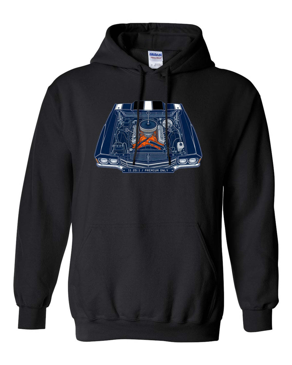 Patent blueprint drawing with numbered callouts of a 1970 Chevrolet Chevelle SS LS6 engine bay black pull over hoodie front view with the design