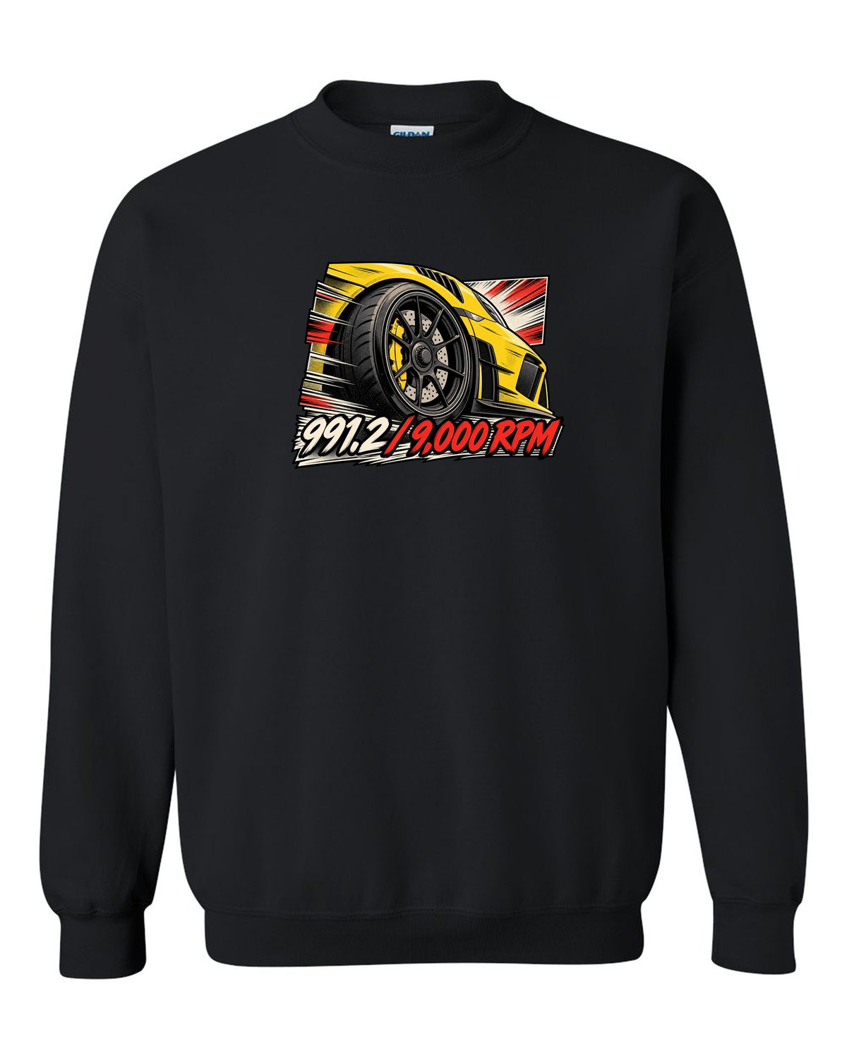Porsche 991.2 GT3 RS retro manga panel with centre lock wheel and 9,000 RPM text black crewneck front view with the design