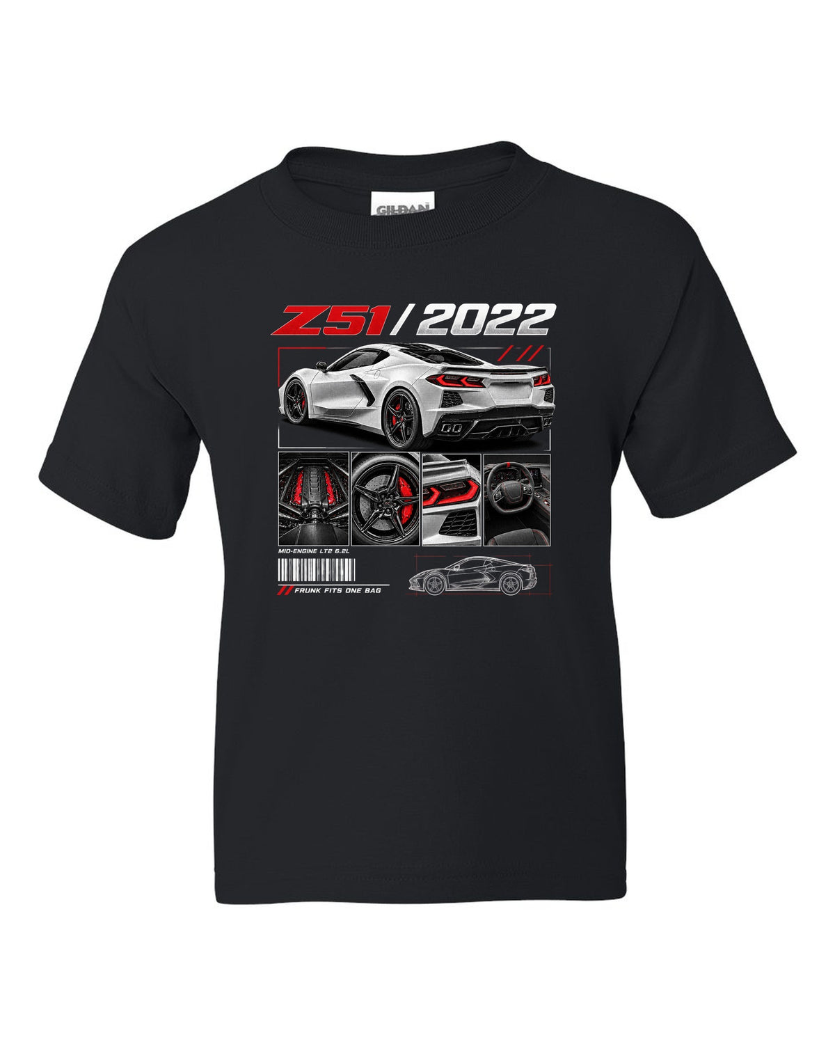 Corvette C8 Stingray Z51 2022 in dossier panels black kids tee front view with the design
