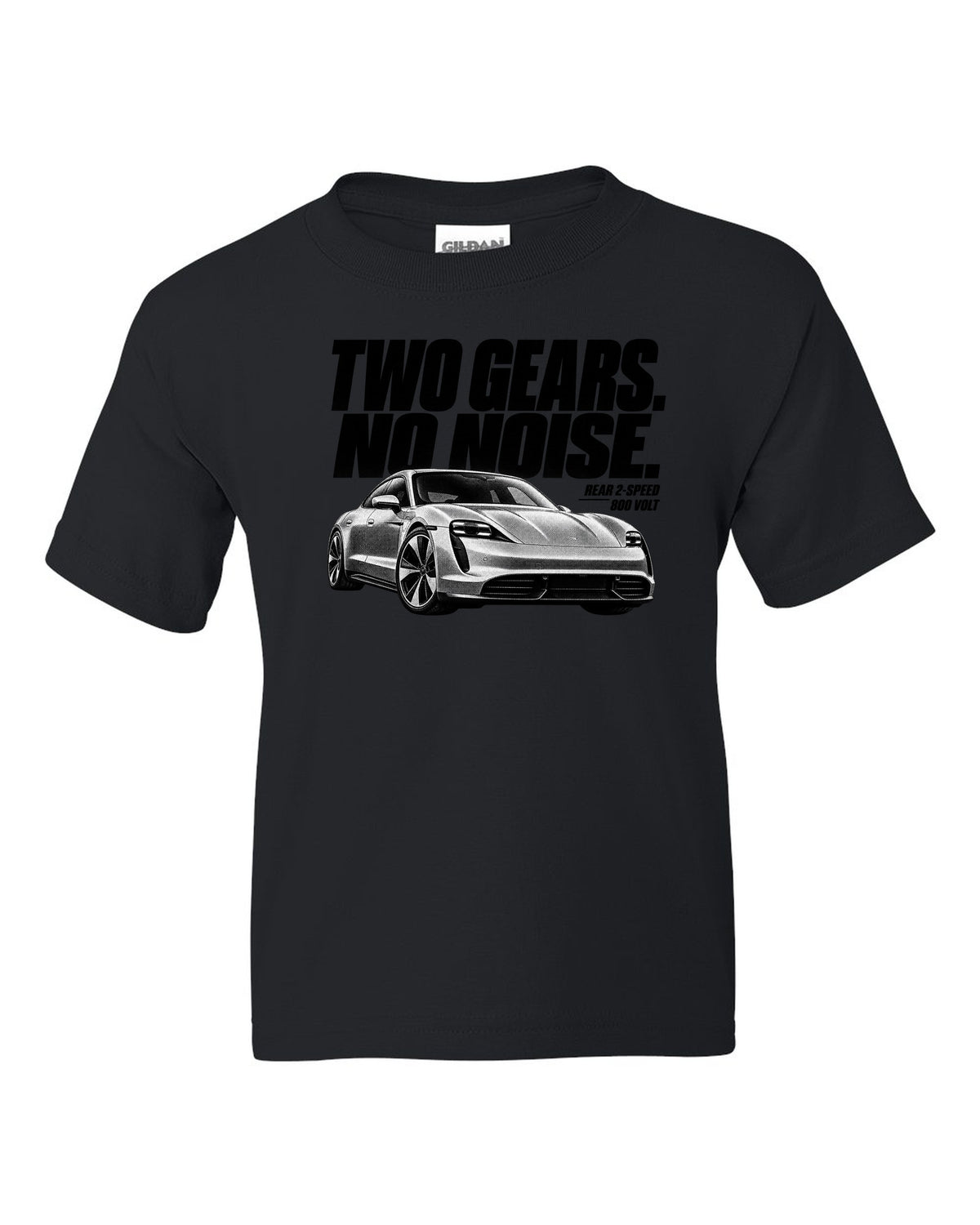 Halftone Porsche Taycan Turbo S 9J1 front three-quarter with two gears, no noise, rear 2-speed black kids tee front view with the design