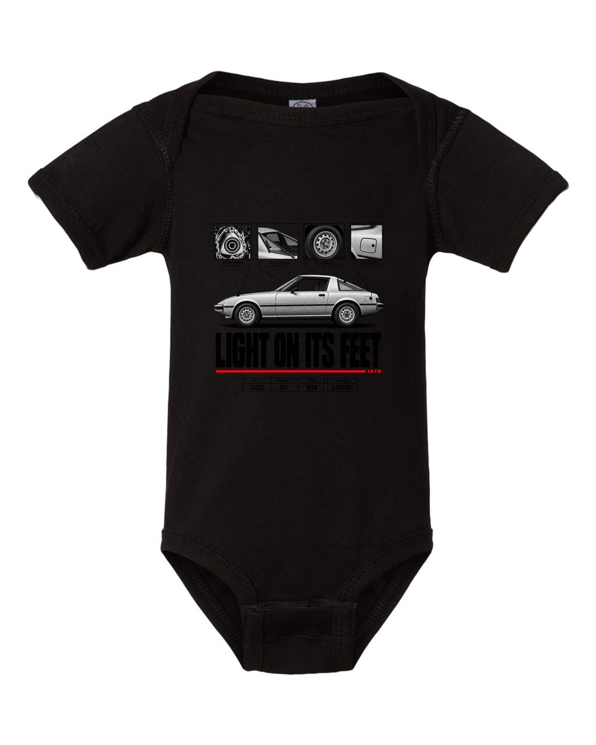 Spec poster print of a Mazda RX-7 SA22C Savanna with 12A lettering black baby onesie front view with the design